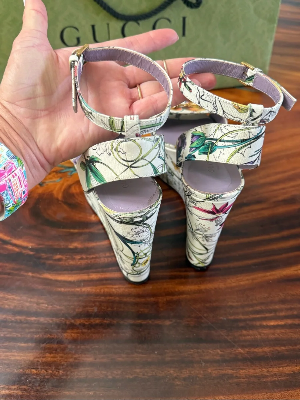 Gucci Floral Platform Sandals in White with Lavender Insole and Gold Hardware